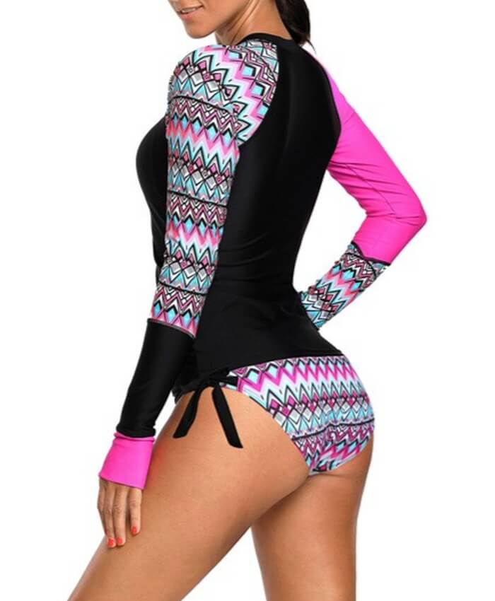 Long Sleeve Tie Side Printed Tankini Set